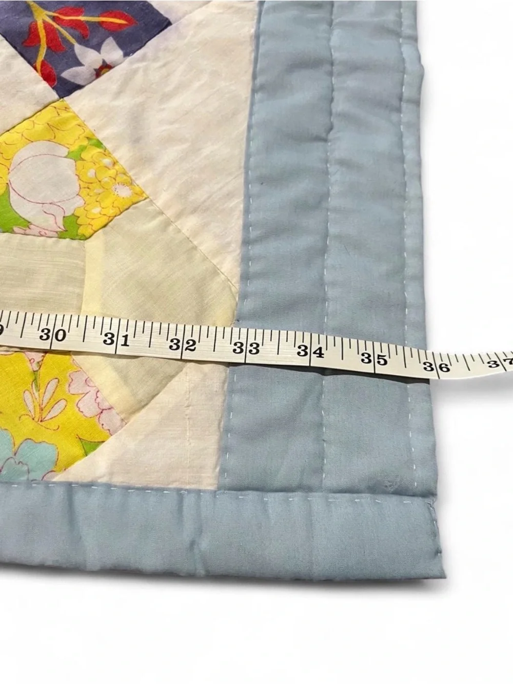 Vintage 80’s Patchwork Baby Quilt - Light Blue Border, Multicolor Blocks
